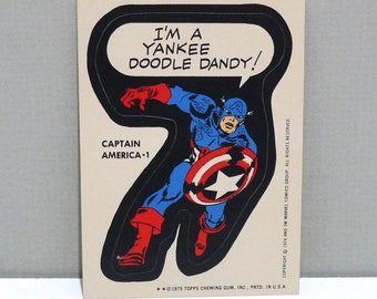 Captain America - 1 - 1975 Topps Marvel Comic Book Heroes Sticker - I'm A Yankee Doodle Dandy! / Dated 1974 1975 / Topps Chewing Gum / USA
