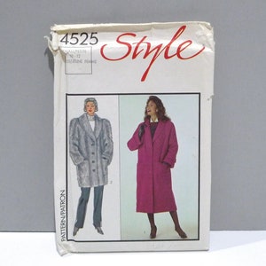 May include: A vintage Style sewing pattern, featuring illustrations of two coats. The pattern envelope is white with the number 4525 and the word "Style" in red script. The coats are a gray faux fur coat and a magenta coat.