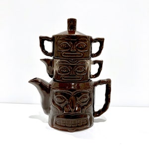 Hawaii Kai Tiki Stacked Teapot - NYC Restaurant 1960s Vintage Brown Glaze Ceramic Pottery Teapot Sugar Creamer Totem / Tiki Luau Tea Party