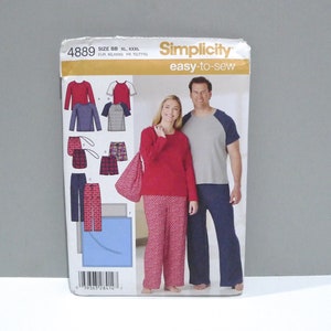May include: Simplicity easy-to-sew pattern 4889. The pattern includes options for pajamas, with long-sleeved shirts, raglan shirts, shorts, and pants. The cover features a woman in a red pajama set and a man in a gray and navy blue pajama set.