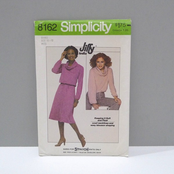 Knit Top and Skirt Simplicity 8162 Easy Sewing Pattern Sizes Small 10 12 / 1970s Pullover Cropped Top with Cowl Neck / Elastic Waist Shirt