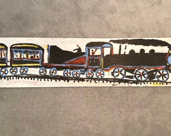 Jimmie Lee Sudduth - Peace Train Painting on Wood 1993 ( 72 x 16.5 inches) Vintage Large Signed Folk Art Painting / Self Taught Artist