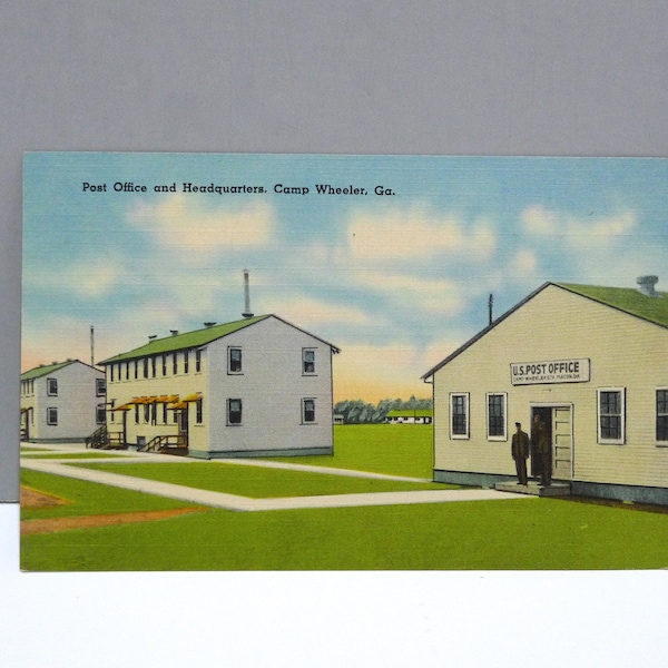 Camp Wheeler GA Postcard - Post Office and Headquarters Postmarked 1942 Vintage US Army Base / Joseph Wheeler / Infantry replacement center