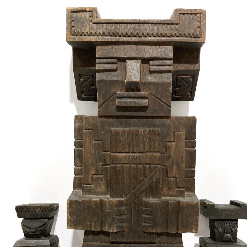 Tall Inca Peruvian Wood Carving Set - 3 Hand Carved Wooden Inca Statues Vintage ...