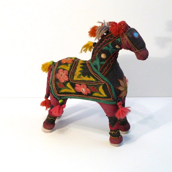India Horse Embroidered Folk Art Toy Horse Mirror Yarn Ornament OOAK Fabric  Figure vintage retro  FREE SHIPPING