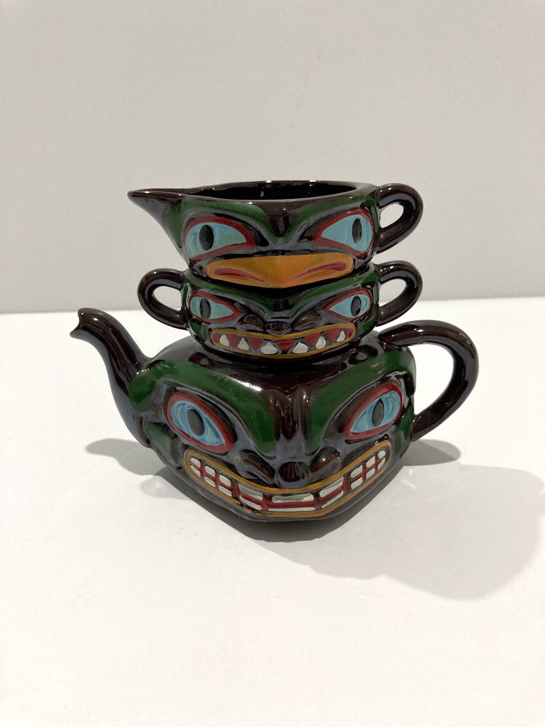 Inuit Totem Pole Stackable Teapot / Sugar / Creamer Vintage 60's Brown