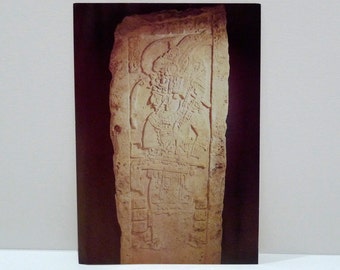 Maya Stela / Estela Maya Postcard 1990s - Museo De Arte Prehispanico de Mexico Rufino Tamayo, Oaxaca Vintage Rock Carving Priest
