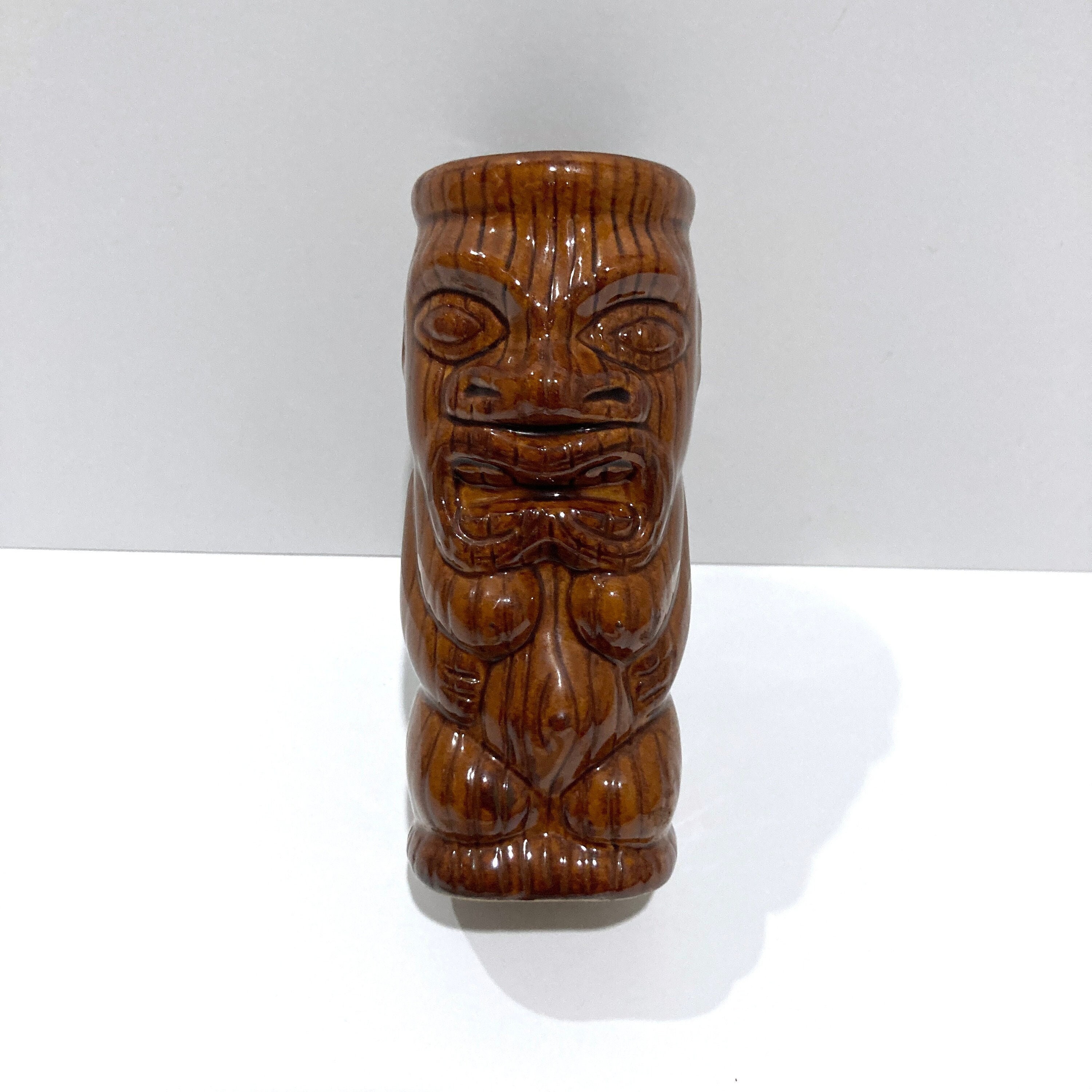 Tiki Mug With Faux Wood Brown Glaze Vintage 1980s Female Tiki 