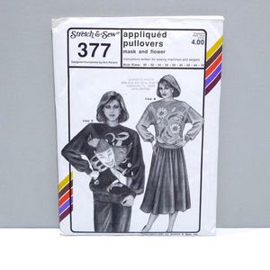 May include: A vintage sewing pattern titled "Stretch & Sew appliquéd pullovers" featuring mask and flower designs. The pattern includes bust sizes from 30 to 46 inches. The cover displays illustrations of the finished garments.