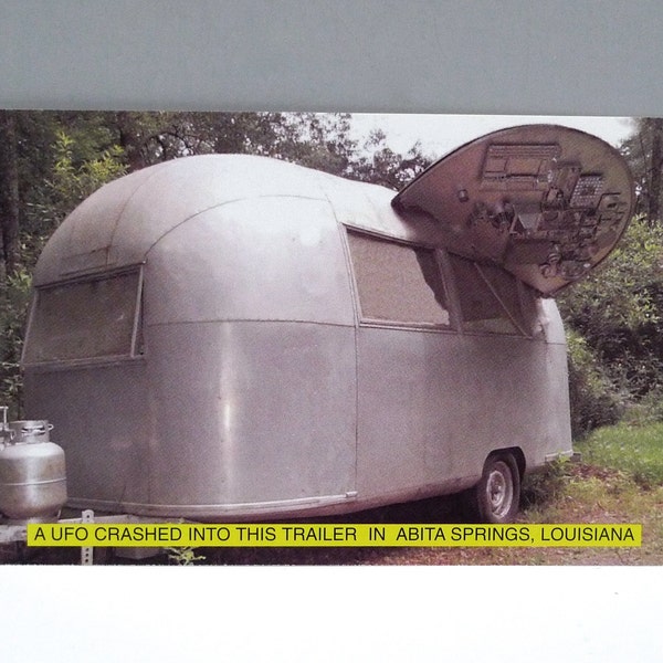 Flying Saucer Crash Landing - Airstream Postcard - UCM Museum Abita Springs LA 2000 Vintage Travel Trailer with a UFO / Roadside Attraction