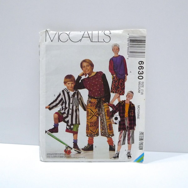 Boys Shorts Jacket T Shirt Sewing Pattern McCalls 6630 Size 7 8 Hoodie Baggie Long Shorts / Shirt with Hood / Skateboard Hip Hop Preppy 90s