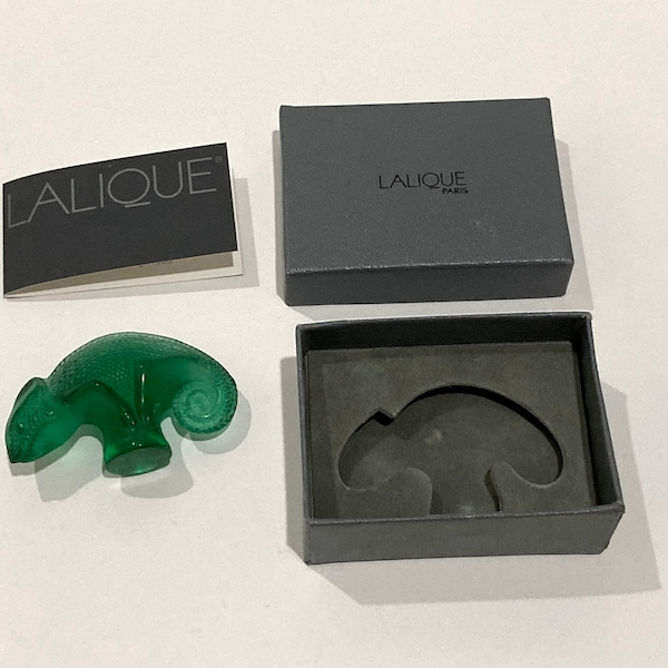 Lalique Seal Chameleon Green Sculpture Signed Paris France Vintage 1993 Crystal Art Glass Reptile Lizard Animal Figurine Gift Box