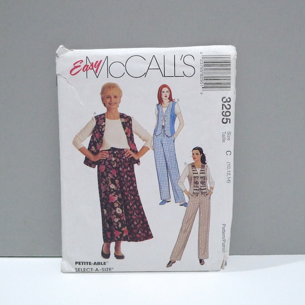 Vest Pants Skirt Top McCalls 8295 Size 10 12 14 Easy Sewing Pattern / Pull On Maxi Skirt / Pants / Lined Open Front Vest / Pullover shirt