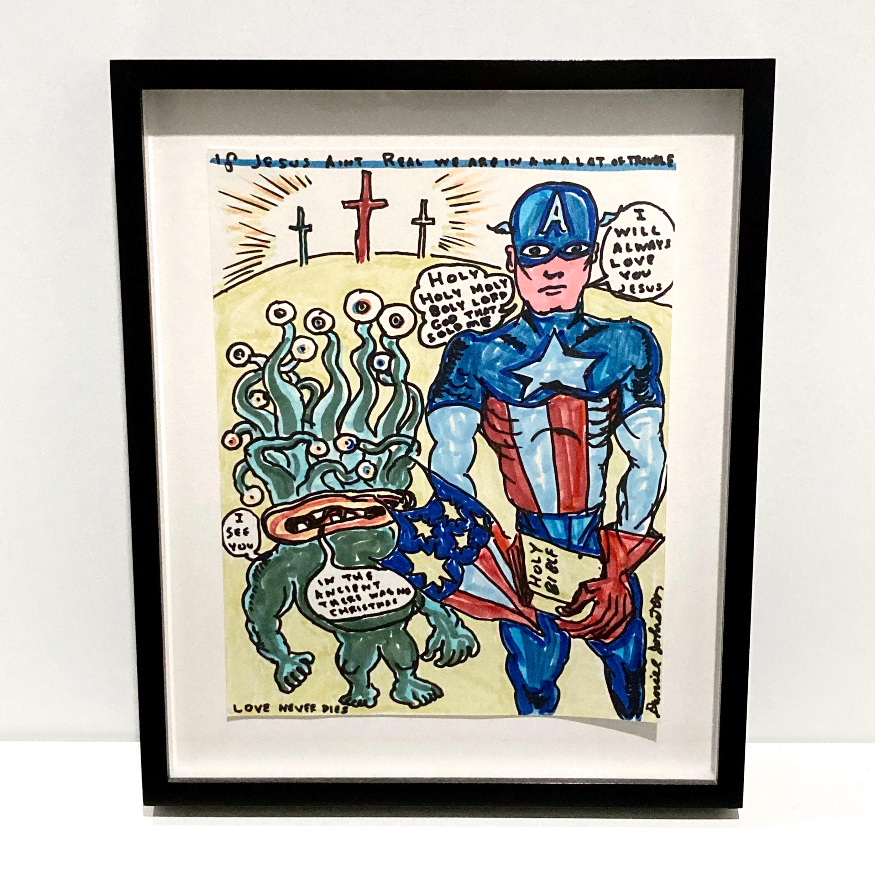 ダニエル・ジョンストン　サイン入りアート Daniel Johnston Original Drawing - Captain America Loves Jesus
