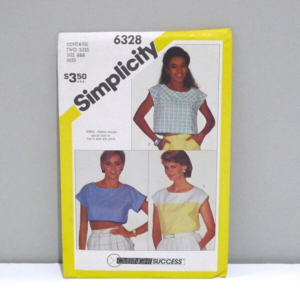 Cropped Tops / Blouses Simplicity 6328 Sewing Pattern / Cute Summer Shirts / Size 6 8 / Retro 80s Sun Tops / Boat Neck / Color Block