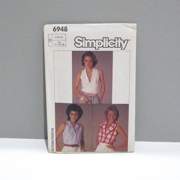 Sleeveless Tops Simplicity 6948 Sewing Pattern / Halter Inspired Shirts / Size 6 8 10 / Rockabilly Retro 80s Sun Tops / Summer Blouses