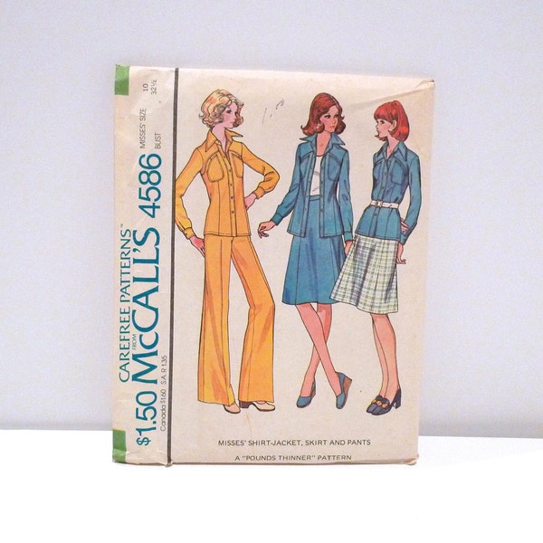 Shirt Jacket Skirt and Pants 1970s - McCalls 4586 Sewing Pattern Size 10 / Vintage Retro Rockabilly Western Suit High Waist Pants Suit