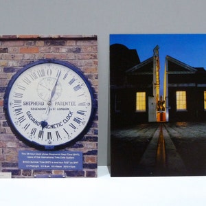 May include: Two rectangular prints. The left print features a large, round clock with the text "SHEPHERD PATENTEE GALVANO MAGNETIC CLOCK" and additional text. The right print shows a building at night with illuminated windows and a central pathway.