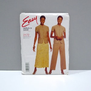 May include: A sewing pattern package with the word "Easy" in red script. The package features two women modeling a short-sleeved jacket and either a skirt or pants. The pattern number is 2172, with size options A (8-10-12-14).
