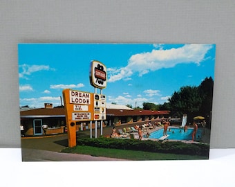 Dream Lodge Postcard - Colorado Springs CO 1970s Vintage Old Sign, Swimming Pool, Motel Building / Superior Motel Color Post Card
