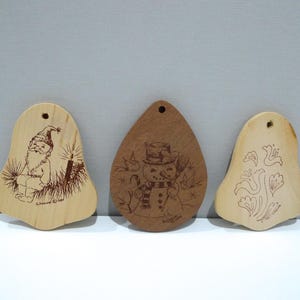 Wooden Christmas Ornaments by Scheewe 70s 1980s Vintage Wood Bell Shaped / Gnome on Tree Branch / Snowman with Bluebirds / Folk Art Flowers