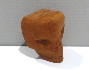 Carved Wood Skull 1990s (Anonymous Folk Art) Vintage 2.25 Inches Miniature Skull Head Wood Carving / Wood Grain Forms A Third Eye