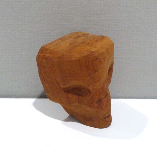 Carved Wood Skull 1990s (Anonymous Folk Art) Vintage 2.25 Inches Miniature Skull Head Wood Carving / Wood Grain Forms A Third Eye