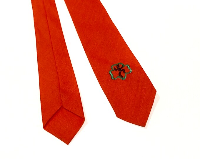 Brownie Girl Scouts Necktie Vintage 1960's Orange With Trefoil Logo