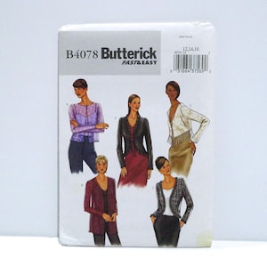 May include: A Butterick sewing pattern envelope featuring illustrations of women's jackets and tops. The pattern number is B4078, with the words "FAST & EASY" printed below the brand name.