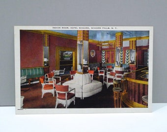 Hotel Niagara - Indian Room Postcard - Niagara Falls New York Vintage Art Deco Elegant Room Decor / Bar / Esenwein & Johnson Architects /