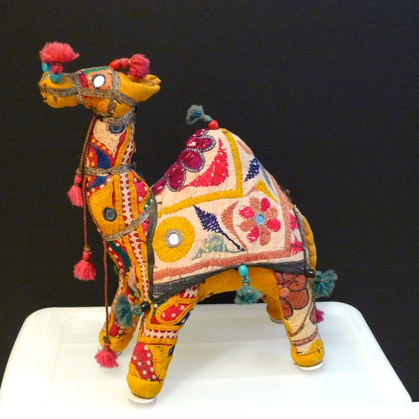 Reserved india Camel Embroidered Folk Art Toy Camel Mirror Yarn Ornament OOAK Fabric Figure Animal vintage retro  FREE SHIPPING