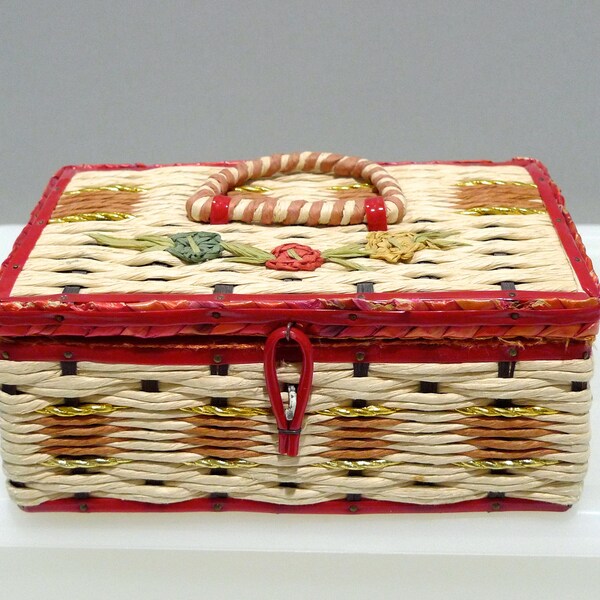 Wicker Sewing Basket with Satin Lining 1960s Made in Japan Vintage Sewing Box / Storage / Rattan Red Woven with Gold Accents & Flowers