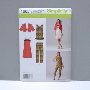 May include: Simplicity sewing pattern 1665 R5. The pattern features illustrations of a dress, jacket, and pants. The pattern includes sizing information in US, Euro, and French sizes. The Simplicity logo is in green.