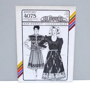 May include: A vintage sewing pattern titled "Stretch & Sew 4075" featuring illustrations of gathered patchwork skirts. The cover includes the text "Ann Person Collectibles" and a price tag. The design includes two illustrated skirt styles.