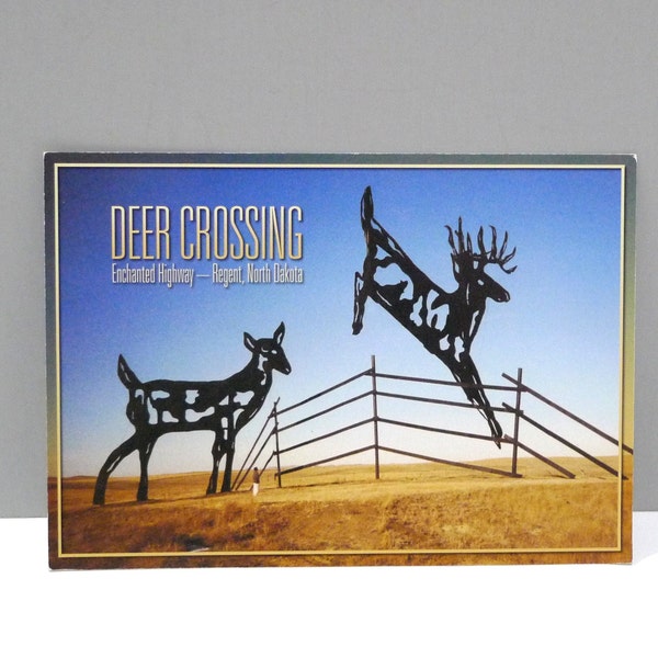 Enchanted Highway - Deer Crossing Postcard - Regent North Dakota Vintage Shadow Design Sculptures 75 x 60 feet / Jumping Buck Deer / Doe