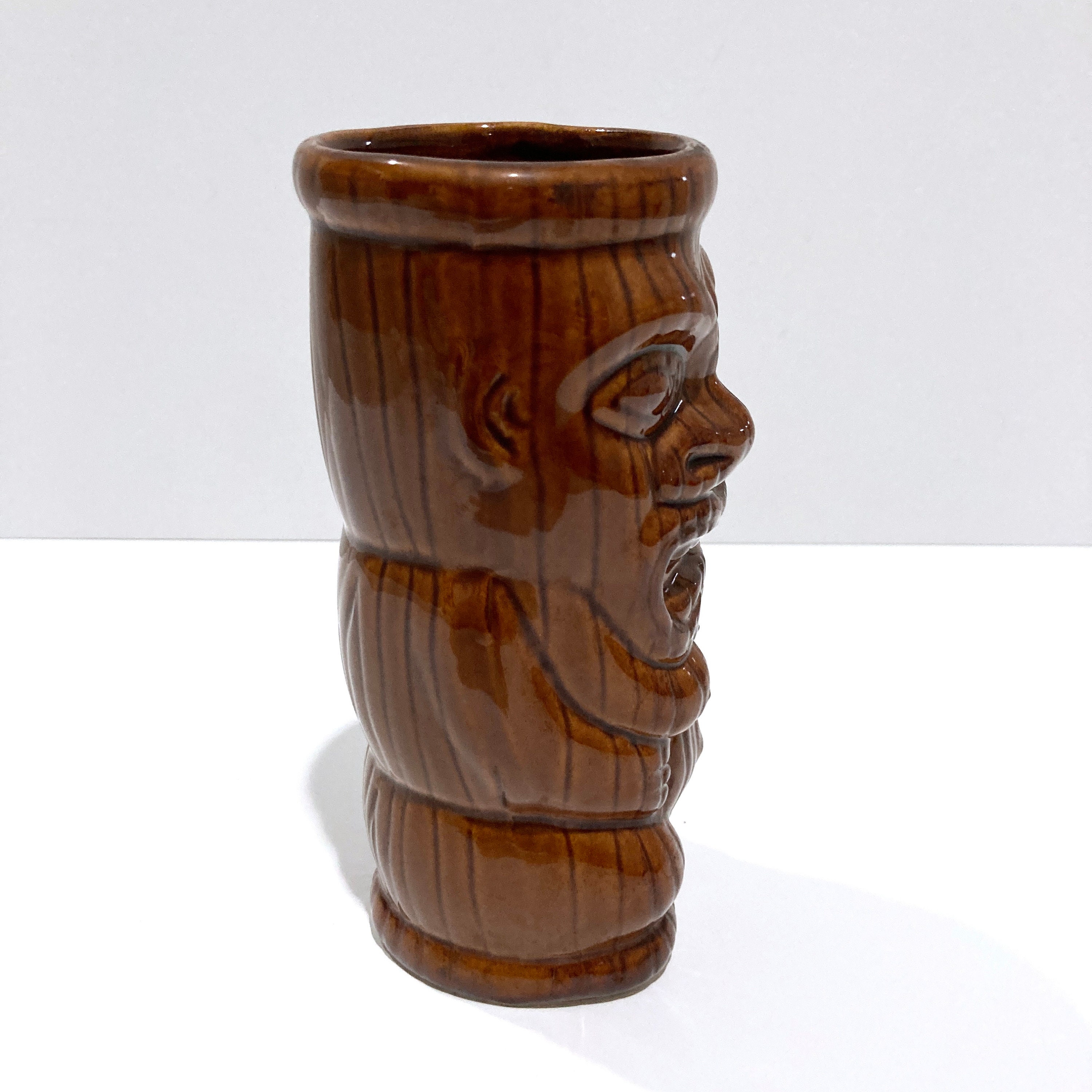 Tiki Mug With Faux Wood Brown Glaze Vintage 1980s Female Tiki 