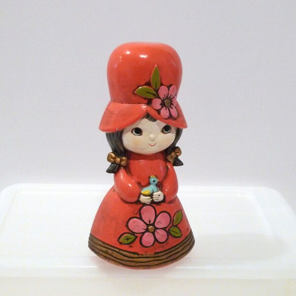Vintage Hippie Girl Bank Girl with Bluebird Ceramic Sculpture Mod Plaster of Paris 1970s Kawaii Lolita Dolly Girl Child