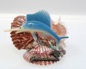 Galvestion Fishing Souvenir Vintage Swordfish Seashell Galveston Texas 1980s Tropical shell Spring Break Travel Souvenir Tiki Mermaid Theme