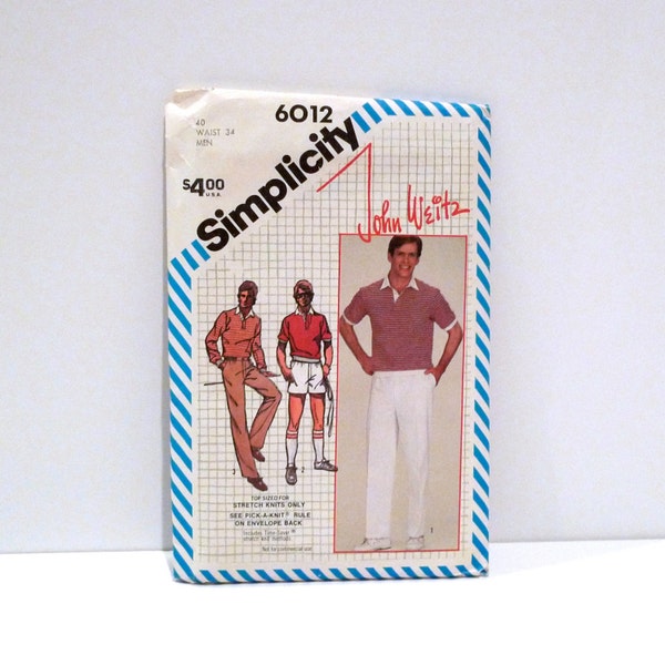 Mens Polo Shirt - Retro 80s Shorts & Pants - John Weitz Simplicity 6012 Sewing Pattern Size 40 / Tennis Athleisure Sporty Preppy / Knit Top
