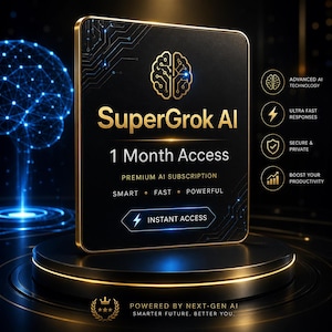 May include: A promotional image for SuperGrok AI, featuring a black rectangular display with gold trim. The text reads "SuperGrok AI, 1 Month Access, Premium AI Subscription." Additional icons highlight advanced technology, fast responses, security, and productivity.