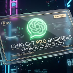 Puede incluir: Un gráfico digital que promociona una suscripción de 1 mes a ChatGPT Pro Business. La imagen presenta un logotipo verde brillante y texto en una pantalla transparente, con un fondo de paisaje urbano futurista. También se ven las palabras "Pro" y "Premium".