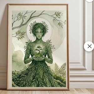 Peut inclure: Impression aquarelle encadrée d'une figure végétale tenant un bonsaï dans un pot vert. L'œuvre est encadrée dans un cadre en bois clair. Le fond est un lavis vert clair avec des branches et des feuilles.