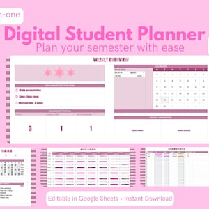 May include: A pink digital student planner with a weekly overview, calendar, and tracker. The planner includes sections for top priorities, assignment status, and weekly inspiration. The text "Digital Student Planner" is displayed in a large, pink font.