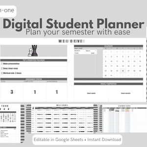 May include: Digital Student Planner with a weekly overview, calendar, and assignment status sections. The planner includes the text "Plan your semester with ease" and "Editable in Google Sheets • Instant Download."