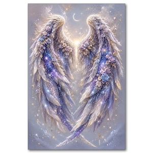 May include: A vertical digital illustration of two large, symmetrical wings composed of white and purple feathers, interspersed with clusters of light blue and lavender flowers, set against a cosmic background with stars and a crescent moon.