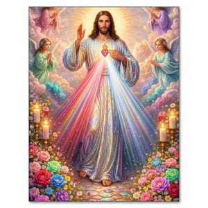 May include: A religious artwork depicting a central figure with long brown hair and a beard, wearing a white robe with shimmering highlights. Rays of red and blue light emanate from a heart on the chest. Four winged angels and colourful flowers surround the figure.
