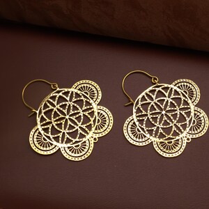 Gold Geometric Mandala Hoop Earrings for Women, Boho Ethnic Statement Jewelry, Intricate Floral Pattern Design