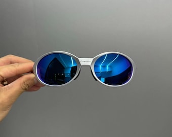 Retro Oakley eye jacket redux polarized sunglasses silver frames blue lens Y2K