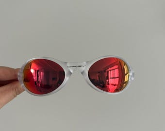 Retro Oakley Eye Jacket 1.0 Gen 2 Sunglasses: Clear Frame, Red Lenses (Y2k Style)