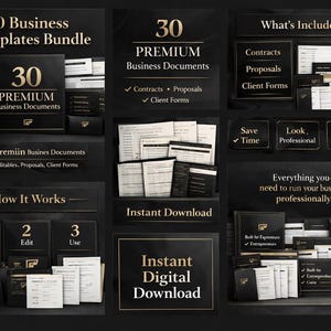 May include: A dark, professional-looking graphic with the text "30 Business Templates Bundle" and "30 Premium Business Documents." The image includes various business document templates, with the words "Instant Digital Download."